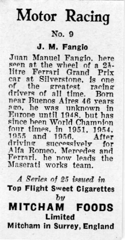 1957 Mitcham Foods "Motor Racing" No. 9 J.M. Fangio