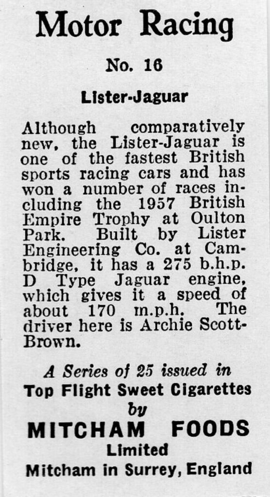 1957 Mitcham Foods "Motor Racing" No. 16 Lister-Jaguar