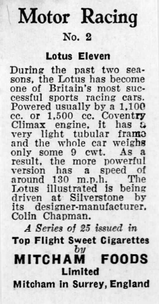 1957 Mitcham Foods "Motor Racing" No. 2 Lotus Eleven