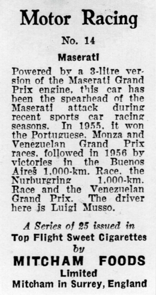 1957 Mitcham Foods "Motor Racing" No. 14 Maserati
