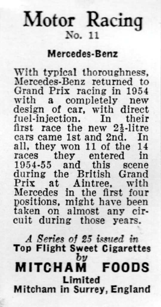 1957 Mitcham Foods "Motor Racing" No. 11 Mercedes-Benz
