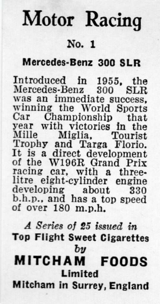 1957 Mitcham Foods "Motor Racing" No. 1 Mercedes-Benz 300 SLR 