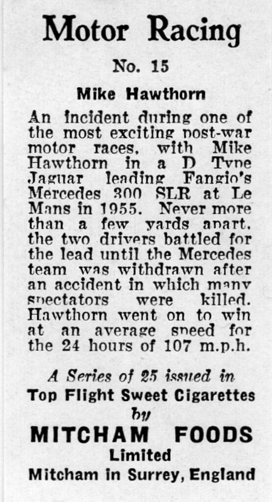 1957 Mitcham Foods "Motor Racing" No. 15 Mike Hawthorn