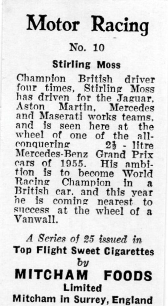 1957 Mitcham Foods "Motor Racing" No. 10 Stirling Moss