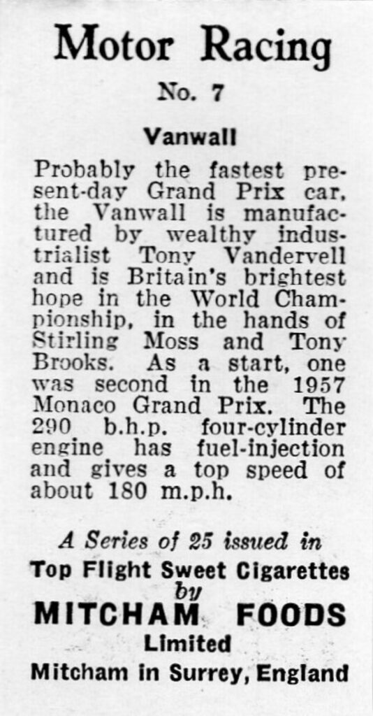 1957 Mitcham Foods "Motor Racing" No. 7 Vanwall