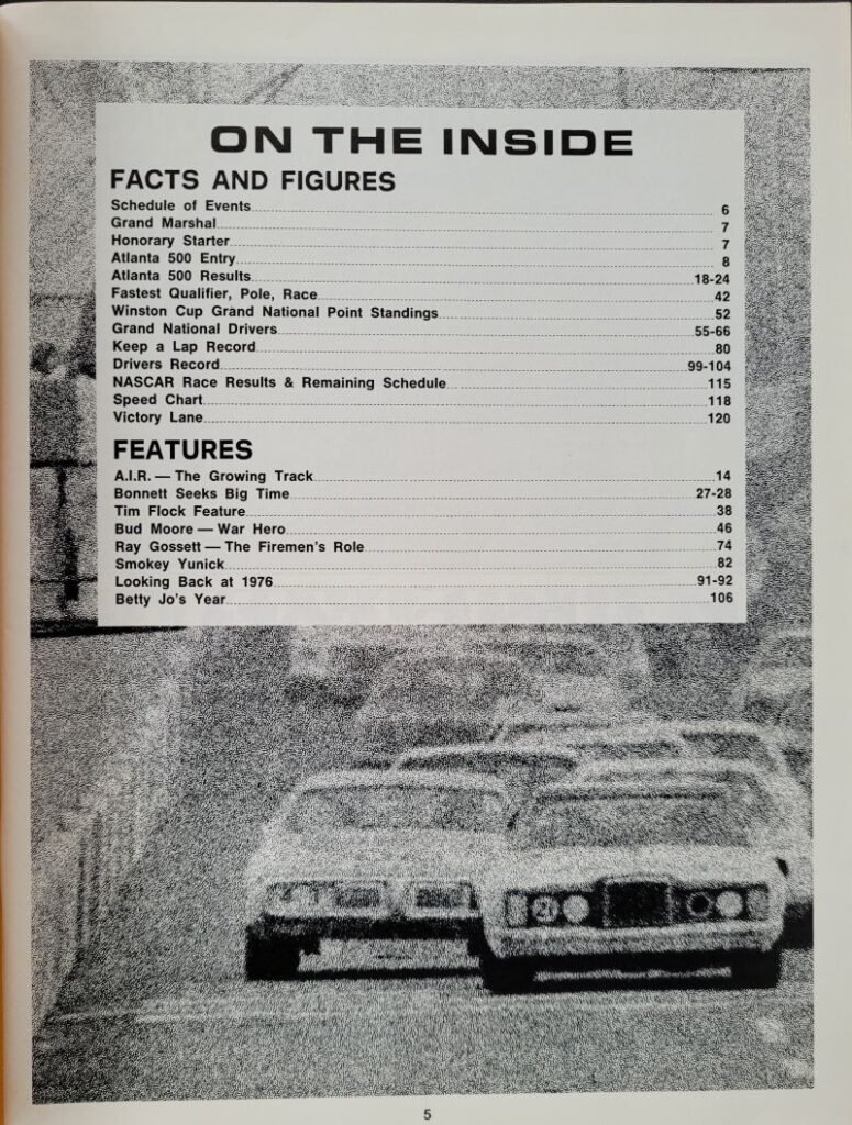 1977 NASCAR Atlanta 500 Program Contents