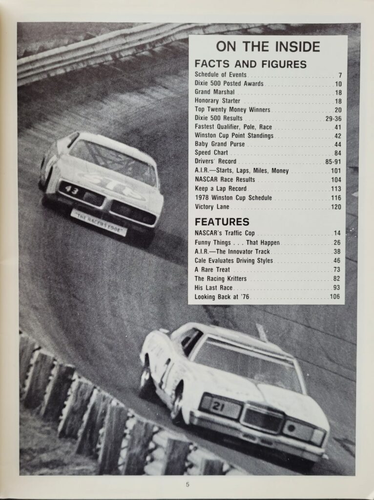 1977 NASCAR Atlanta Dixie 500 Program Table of Contents