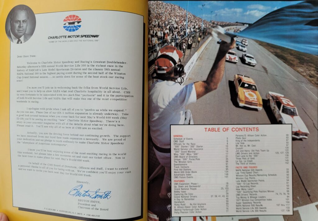 1977 NASCAR Charlotte NAPA National 500 Program table of Contents