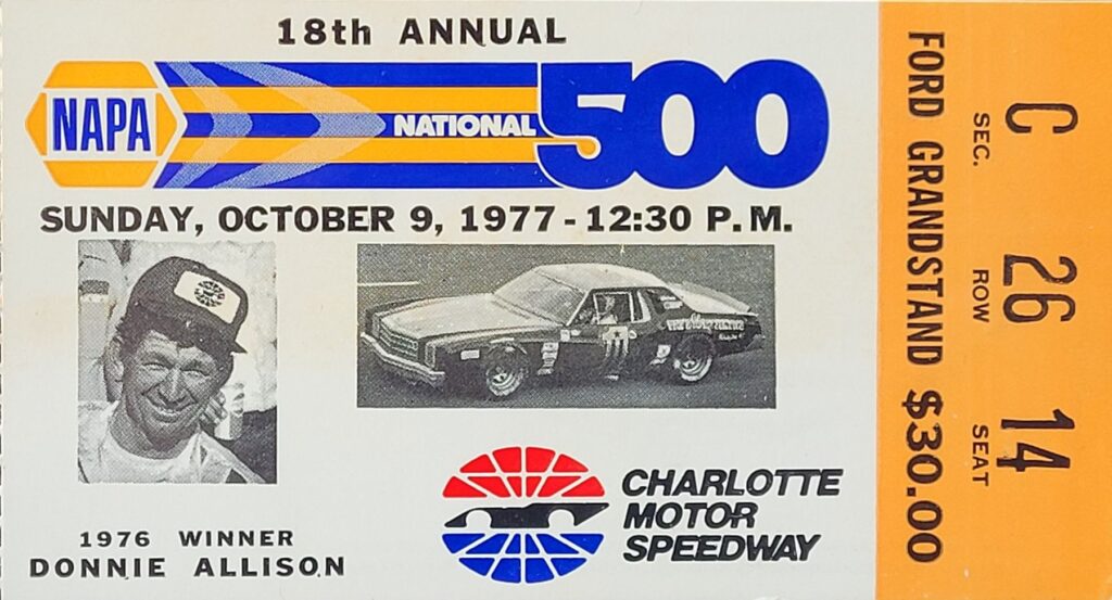 1977 NASCAR Charlotte NAPA National 500 Ticket Stub Front
