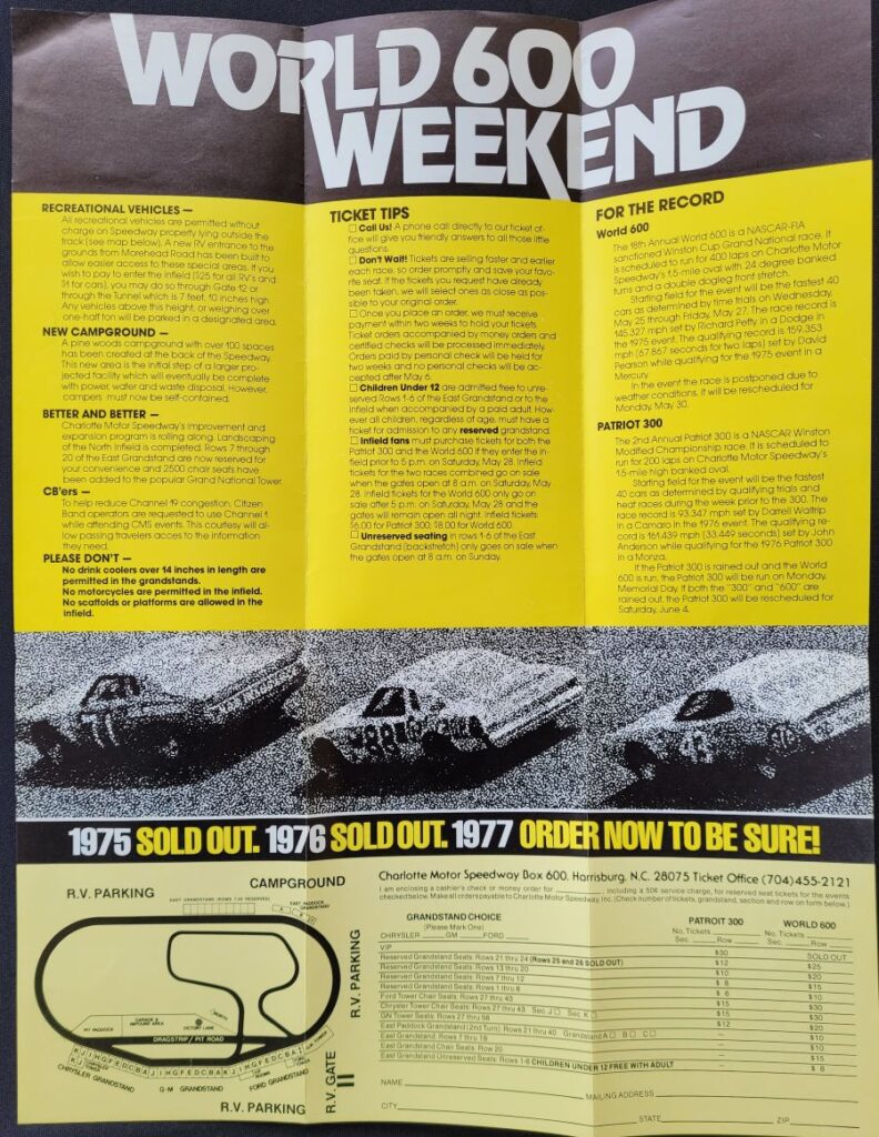 1977 NASCAR Charlotte World 600 Event Brochure Back