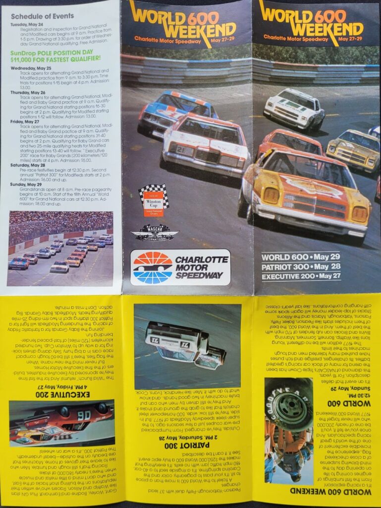 1977 NASCAR Charlotte World 600 Event Brochure Front