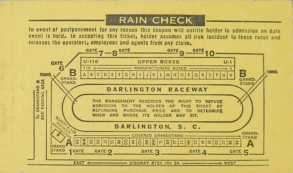 1977 NASCAR Darlington Rebel 500 Ticket Stub Back