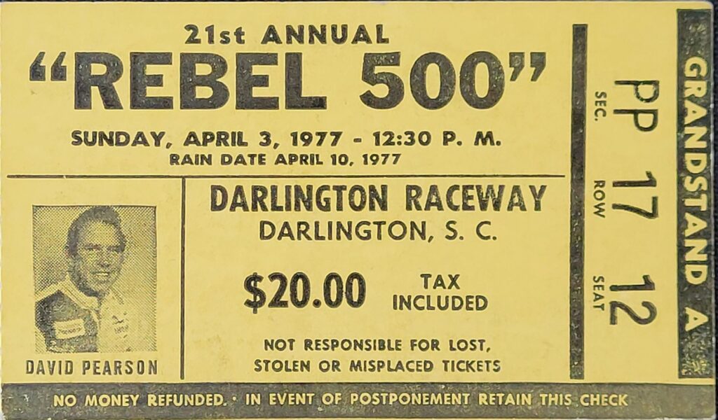 1977 NASCAR Darlington Rebel 500 Ticket Stub Front