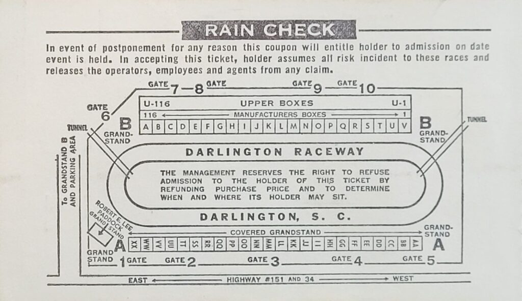 1977 NASCAR Darlington Southern 500 Ticket Stub Back