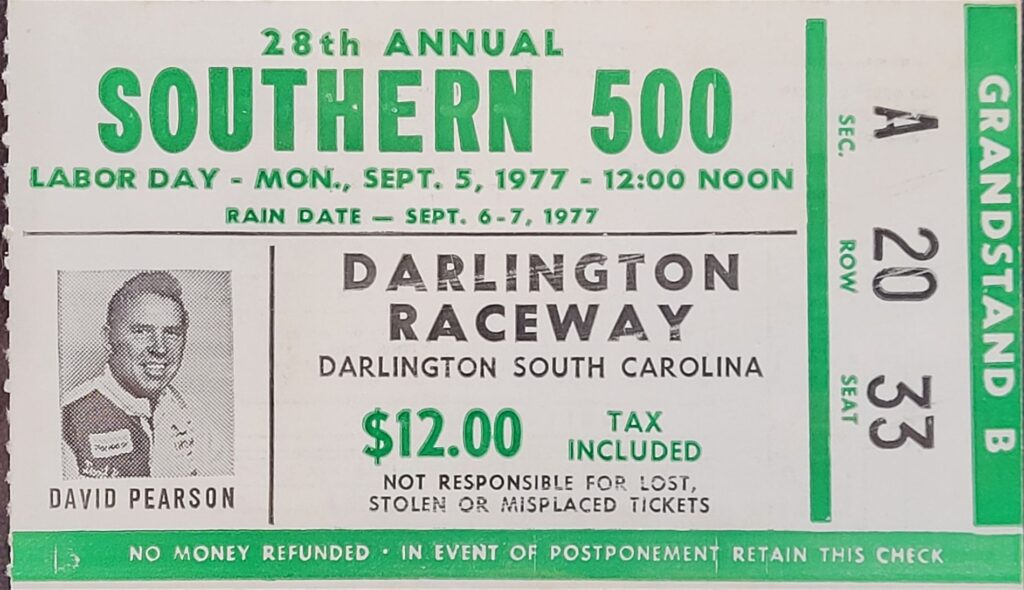 1977 NASCAR Darlington Southern 500 Ticket Stub Front