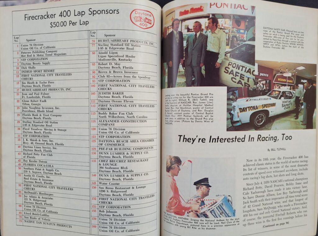 1977 NASCAR Daytona Firecracker 400 Program Lap Sponsors