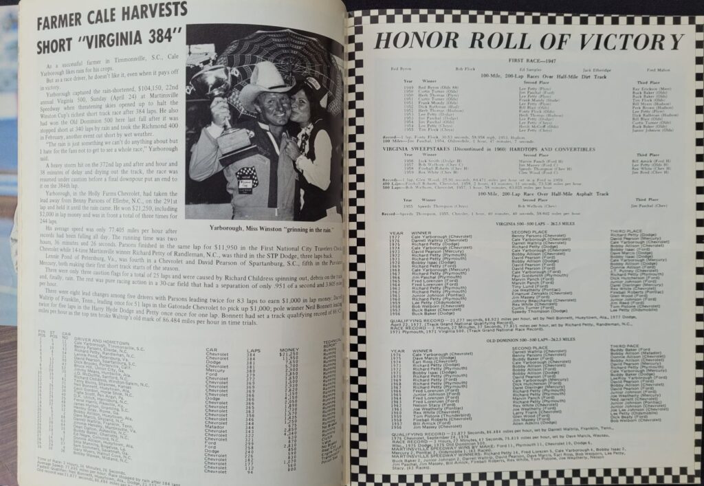 1977 NASCAR Martinsville Old Dominion 500 Program Cale Yarborough