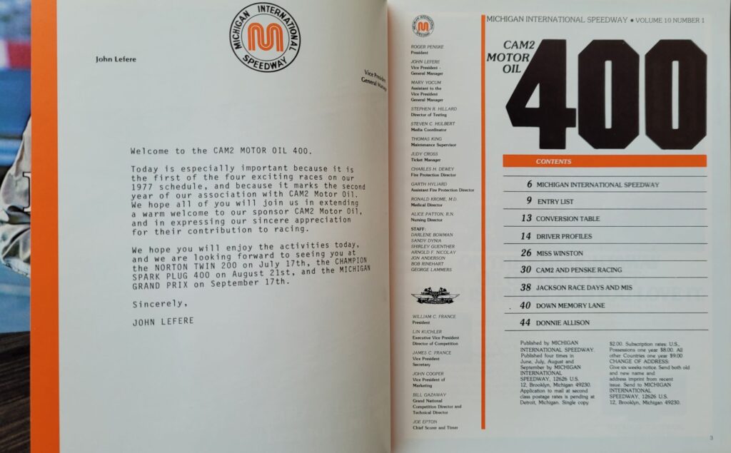1977 NASCAR Michigan Cam2 Motor Oil 400 Program Table of Contents