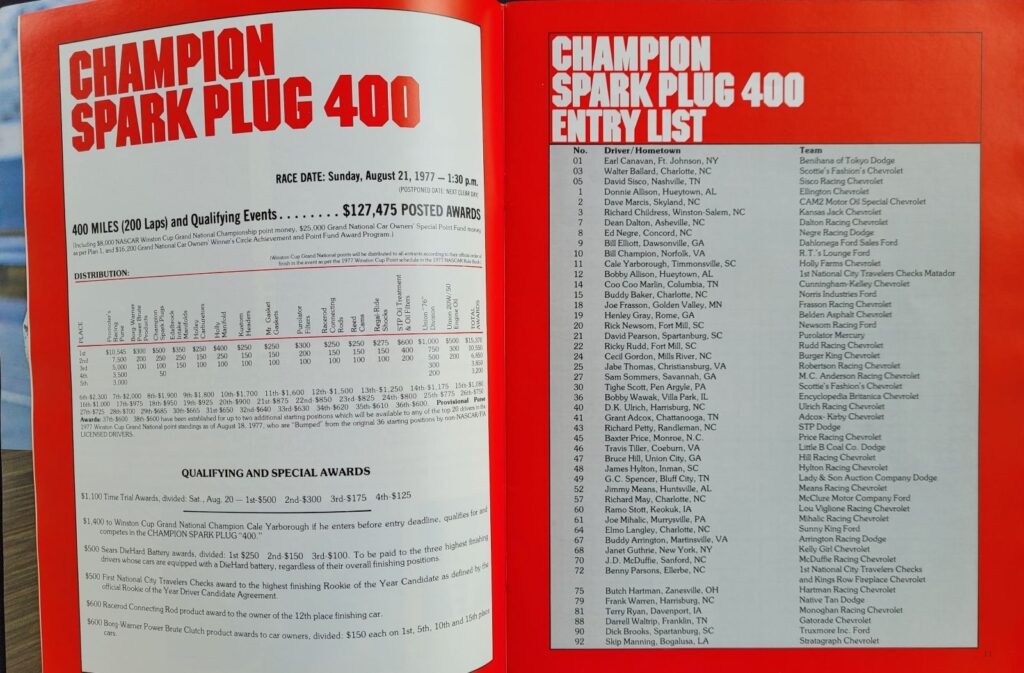 1977 NASCAR Michigan Champion Spark Plug 400 Program Entry List