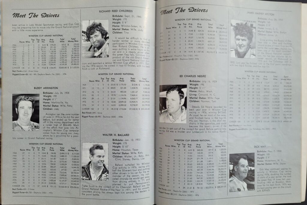 1977 NASCAR Nashville 420 Program Meet the Drivers