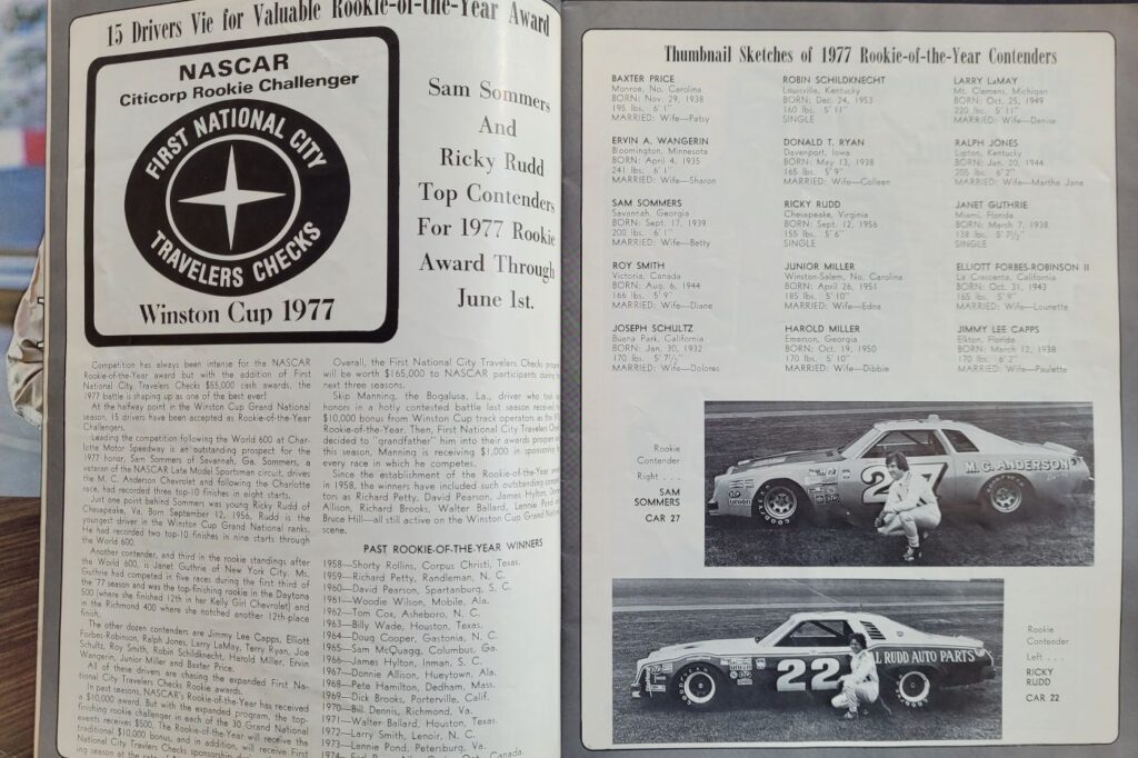 1977 NASCAR Nashville 420 Program Rookie of the Year