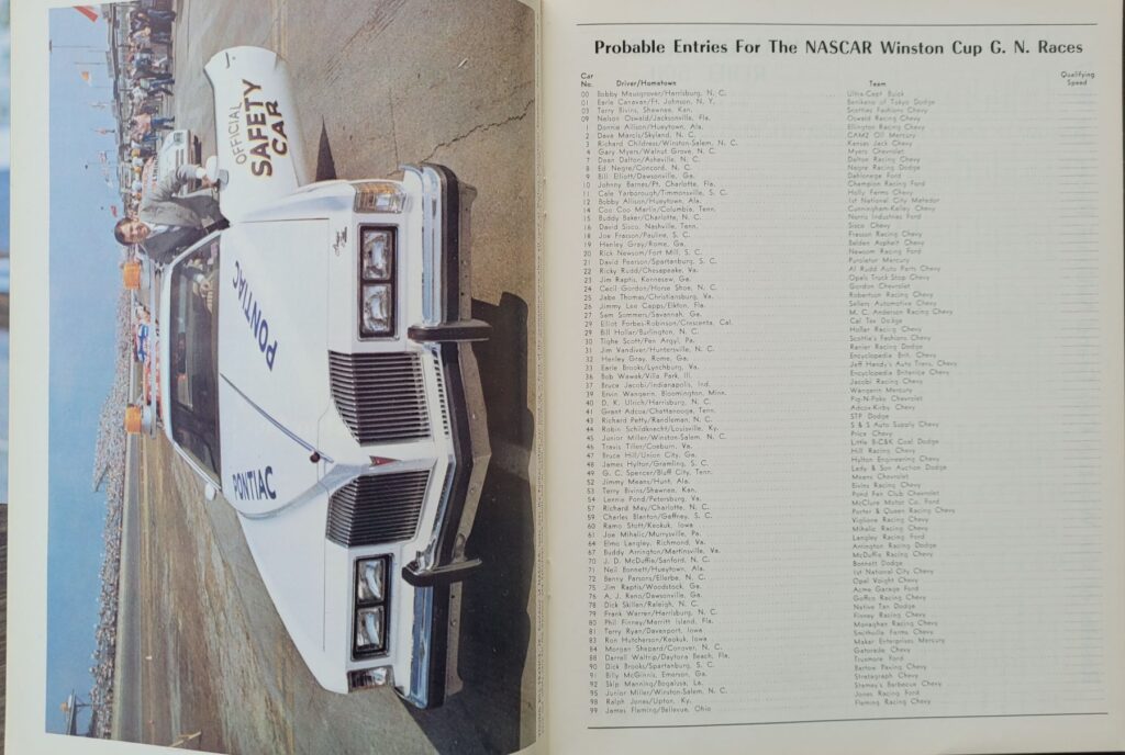 1977 NASCAR Nashville Fairgrounds Music City 420 Program Probable Entries