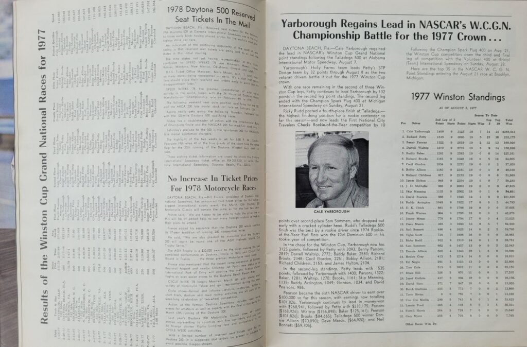 1977 NASCAR Richmond Capital City 400 Program Winston Cup Standings