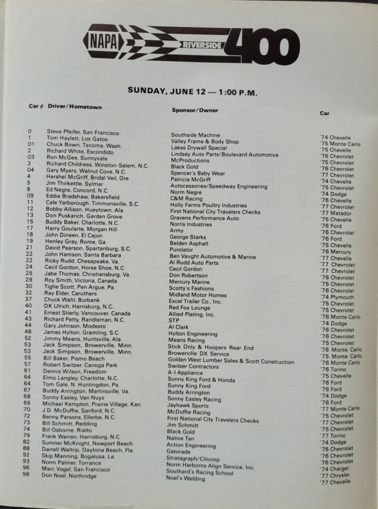 1977 NASCAR Riverside NAPA 400 Entry List