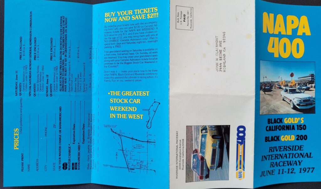 1977 NASCAR Riverside NAPA 400 Event Brochure Front