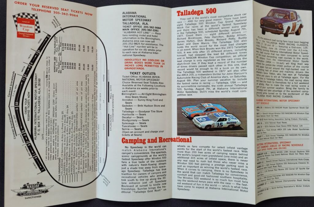 1977 NASCAR Talladega Winston 500 Event Brochure Back