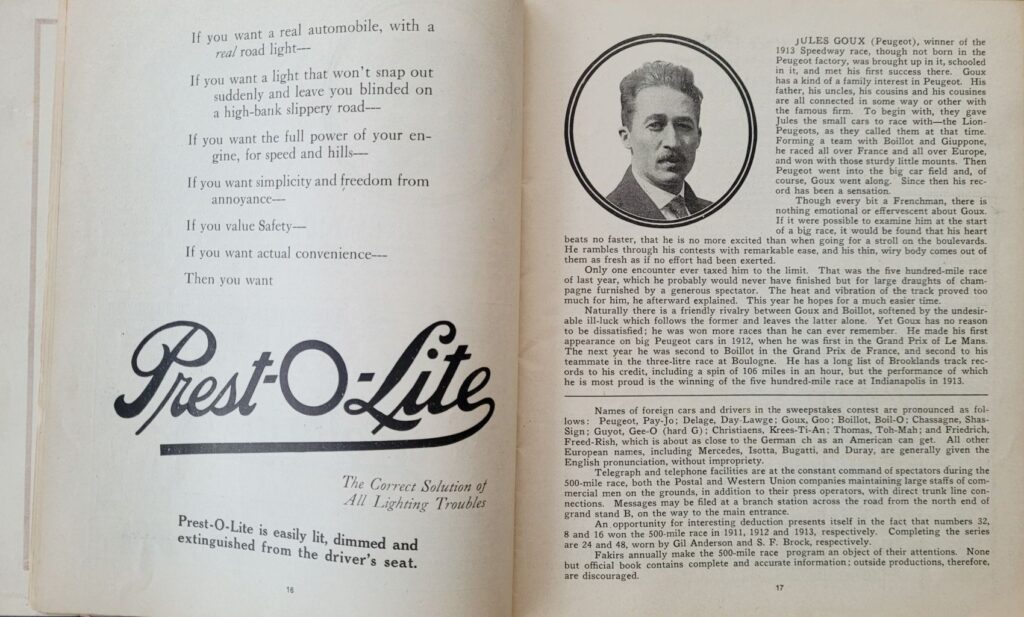 1914 AAA Indianapolis 500 Program Pages 16-17