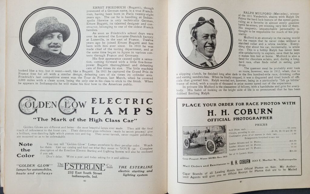 1914 AAA Indianapolis 500 Program Pages 40-41