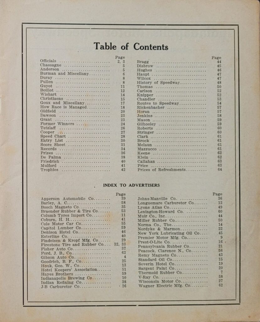 1914 AAA Indianapolis 500 Program Table of Contents