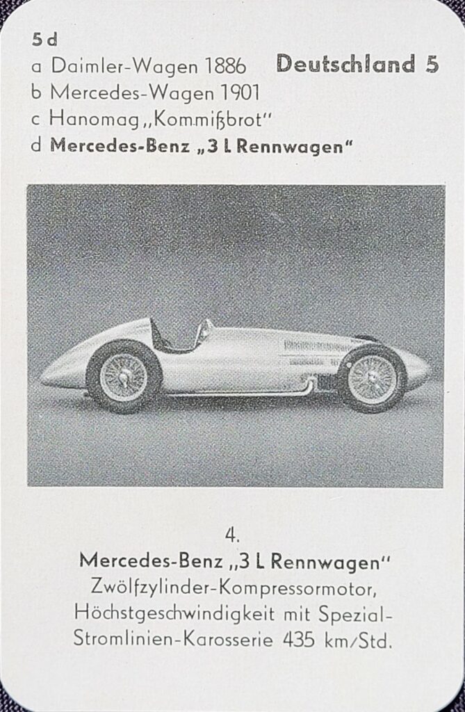1953 ASS Auto-Quartett "Autos Aus Aller Welt" Card 5D Mercedes Benz 3L Rennwagen