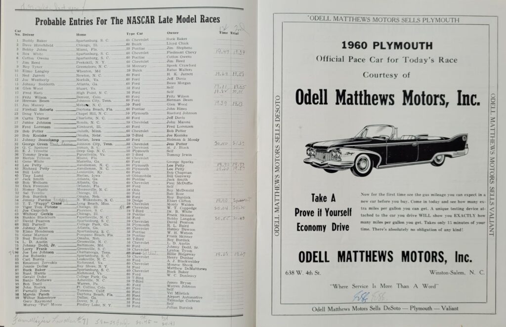 1960 NASCAR Bowman Gray (Apr) Program Entry List