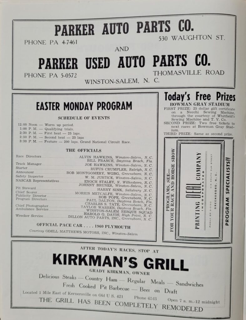 1960 NASCAR Bowman Gray (Apr) Program Event Schedule