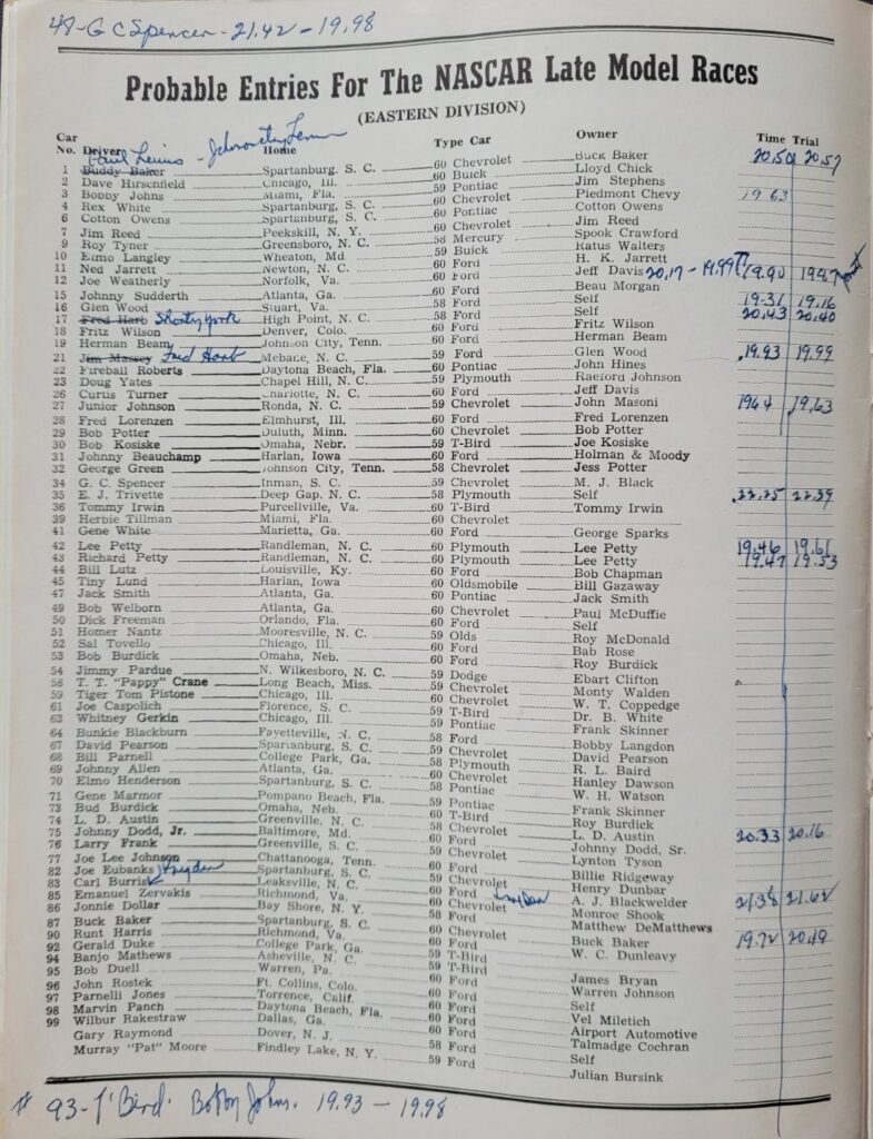 1960 NASCAR Bowman Gray (Aug) Program Entry List