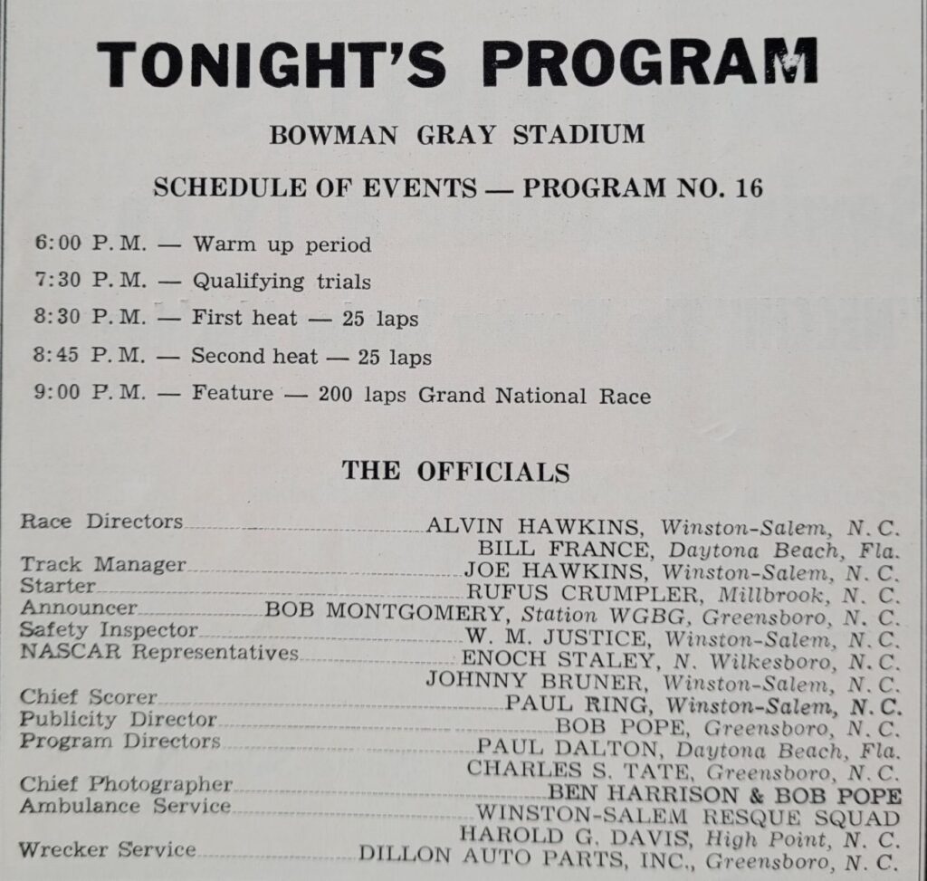 1960 NASCAR Bowman Gray (Aug) Program Event Schedule