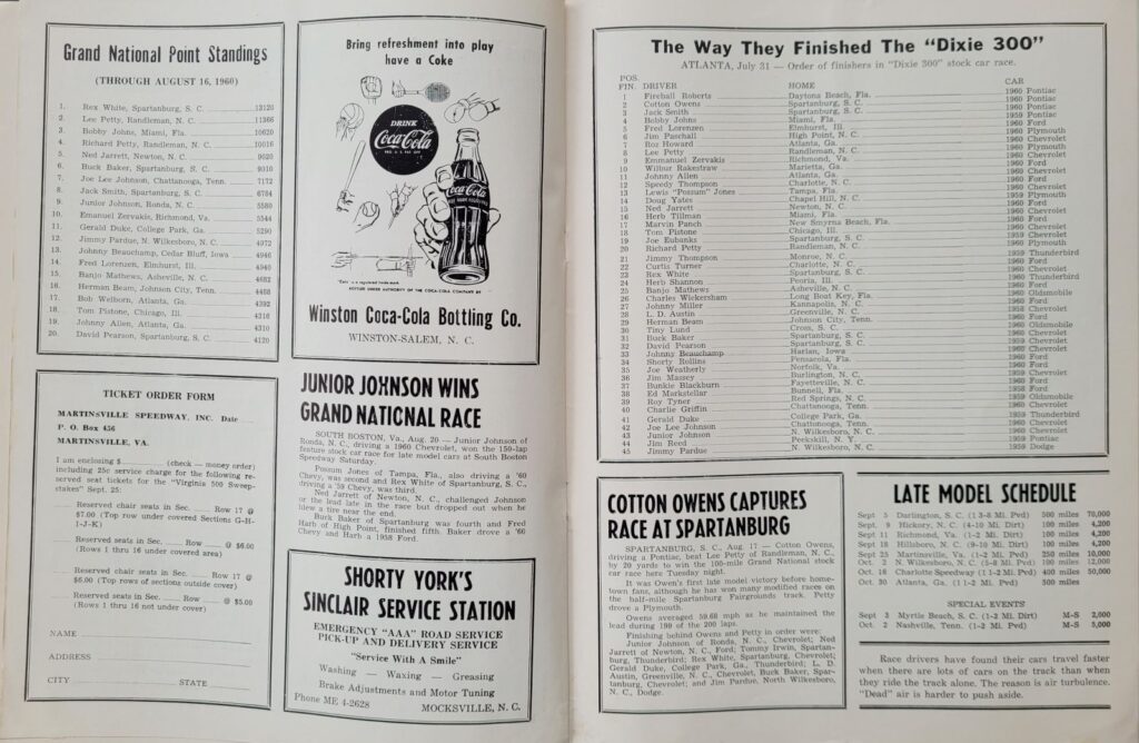 1960 NASCAR Bowman Gray (Aug) Program Point Standings