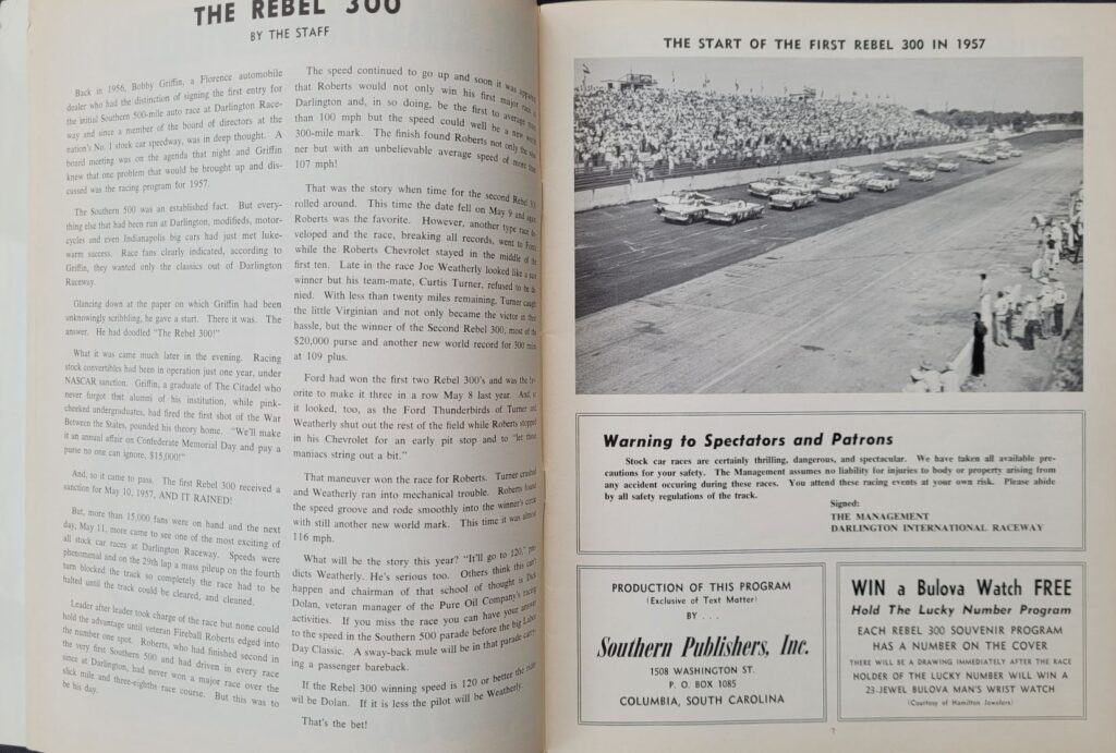 1960 NASCAR Darlington Rebel 300 Program Pages 6-7