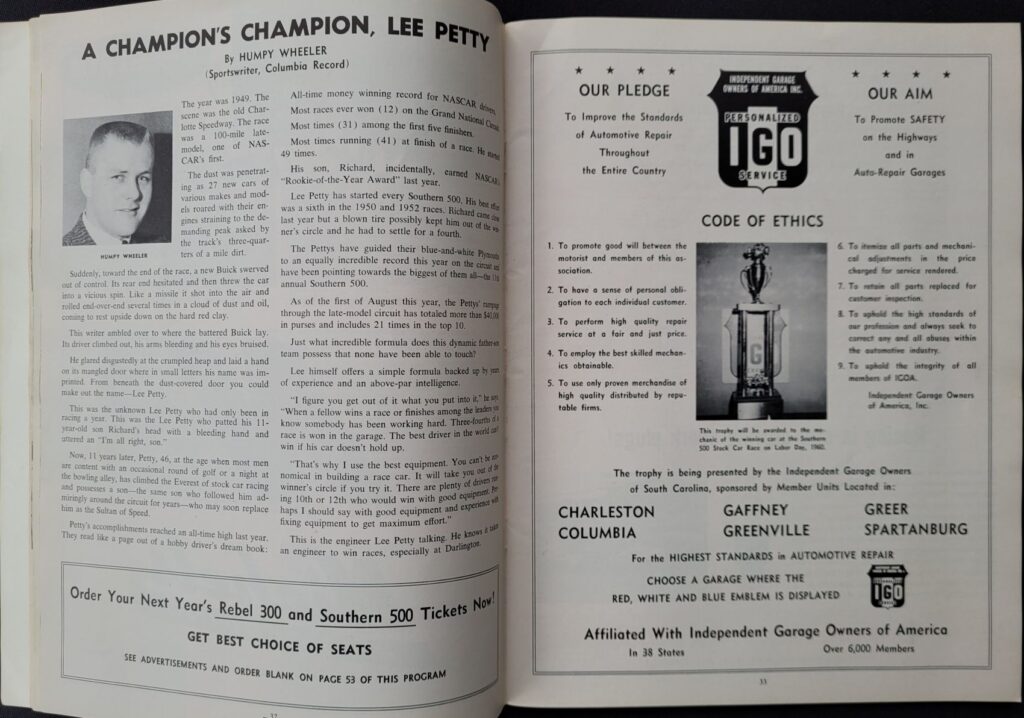 1960 NASCAR Darlington Southern 500 Program Pages 32-33