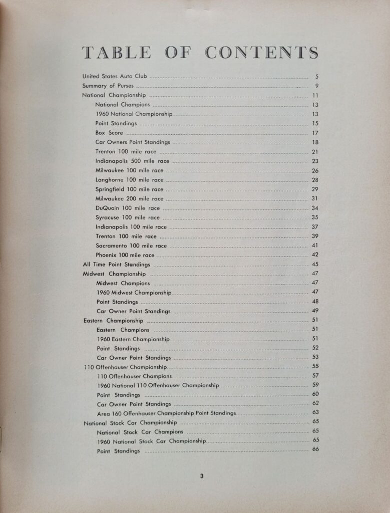 1960 United States Auto Club Yearbook Table of Contents