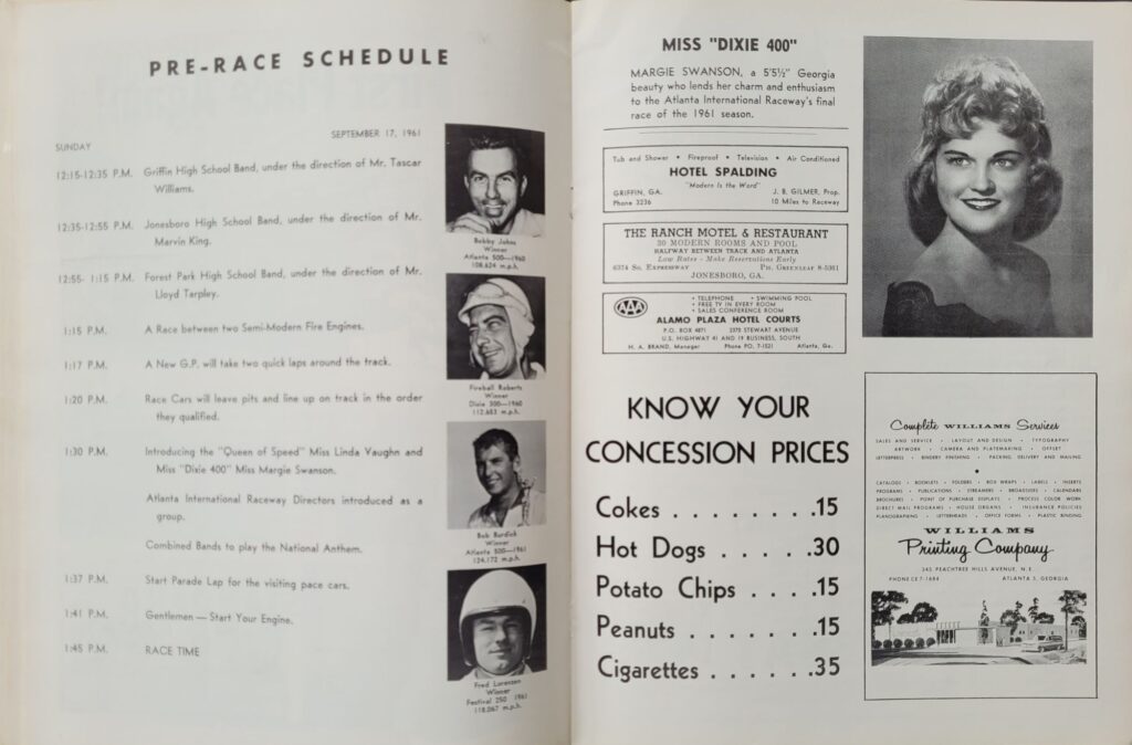 1961 NASCAR Atlanta Dixie 400 Program Schedule