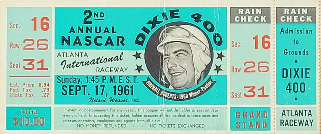 1961 NASCAR Atlanta Dixie 400 Reserved Ticket Stub Front