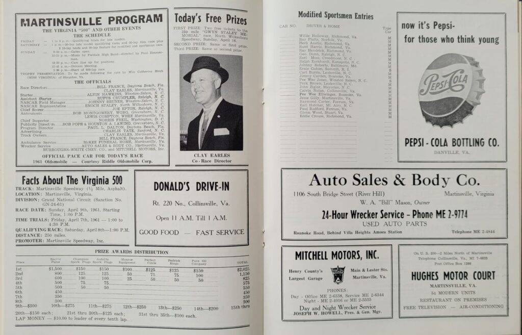 1961 NASCAR Martinsville Virginia 500 Program Event Schedule