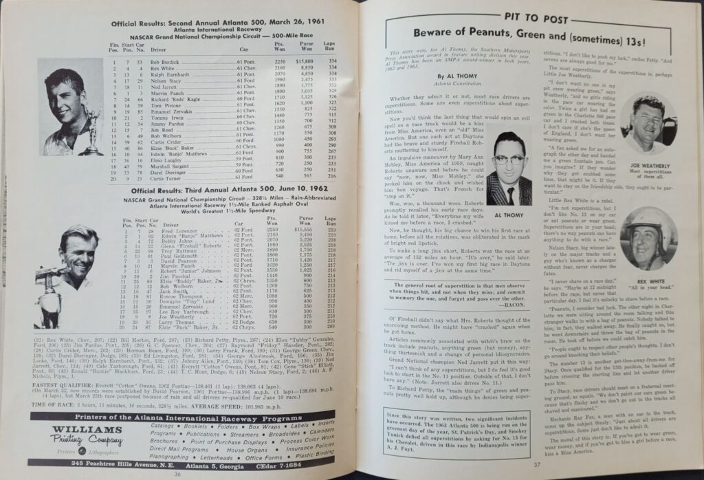 1963 NASCAR Atlanta 500 Program Pages 36-37
