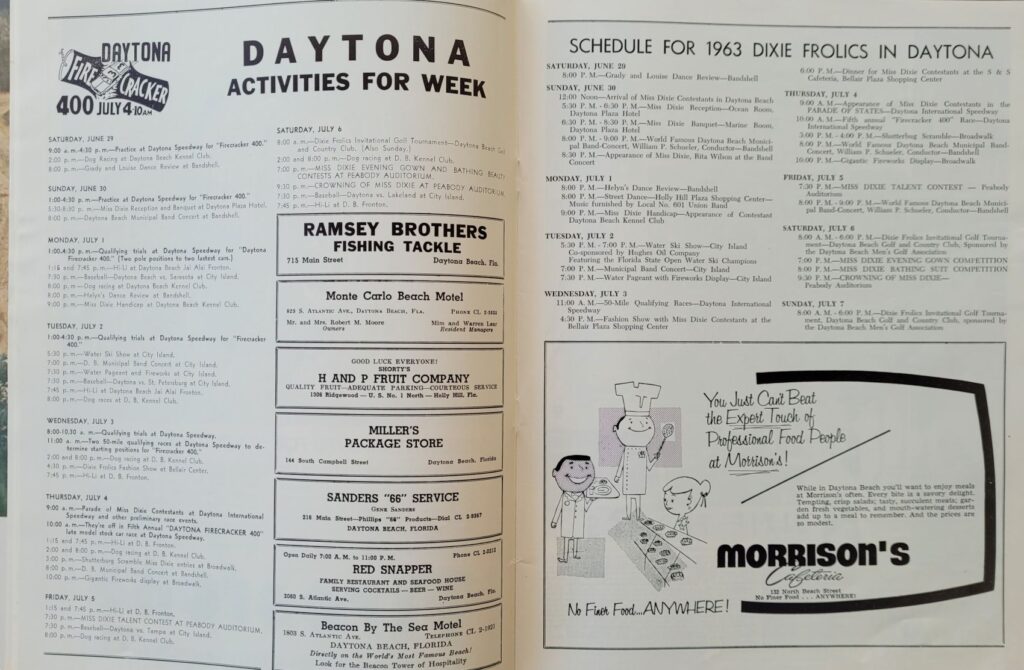 1963 NASCAR Daytona Firecracker 400 Program Daytona Activities
