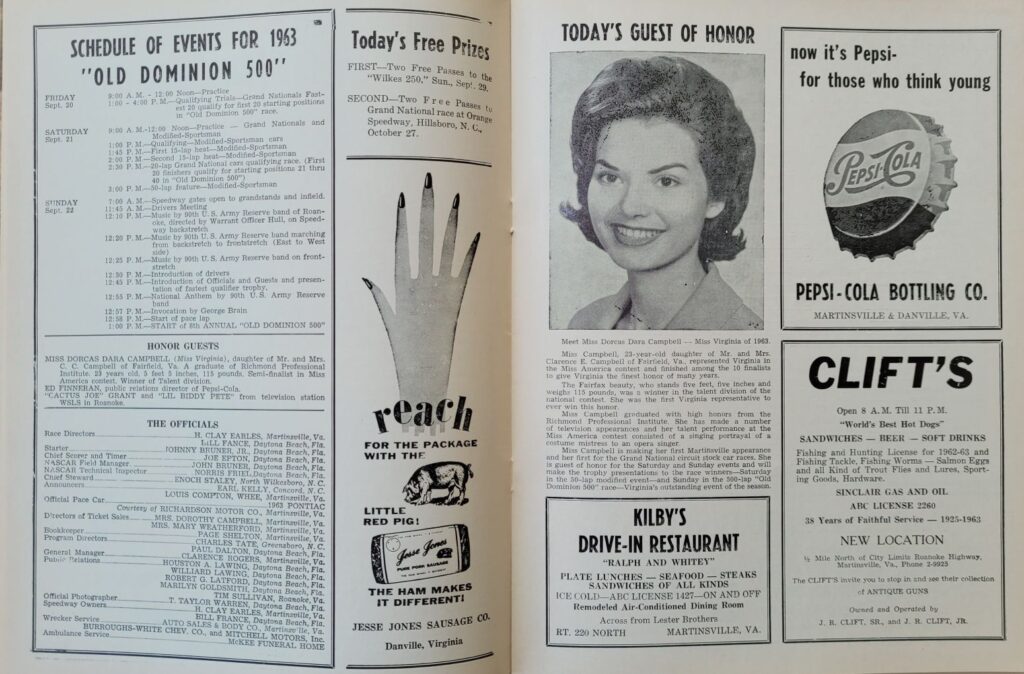 1963 NASCAR Martinsville Old Dominion 500 Program Schedule of Events