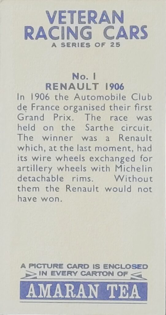 1965 Amaran Tea (UK) Veteran Racing Cars Card #1 Renault