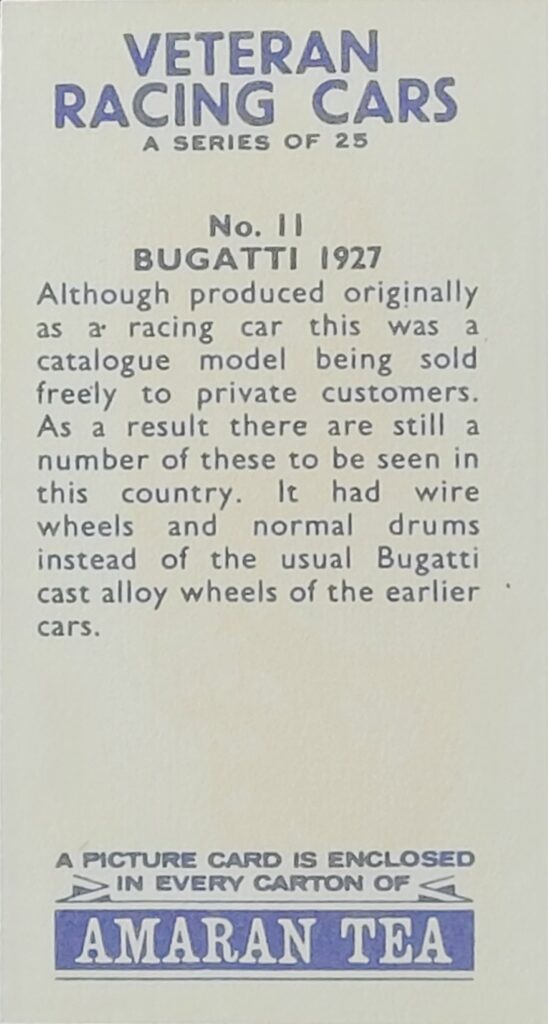 1965 Amaran Tea (UK) Veteran Racing Cars Card #11 Bugatti